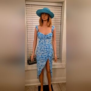 Elegant Blue Floral High Low Dress